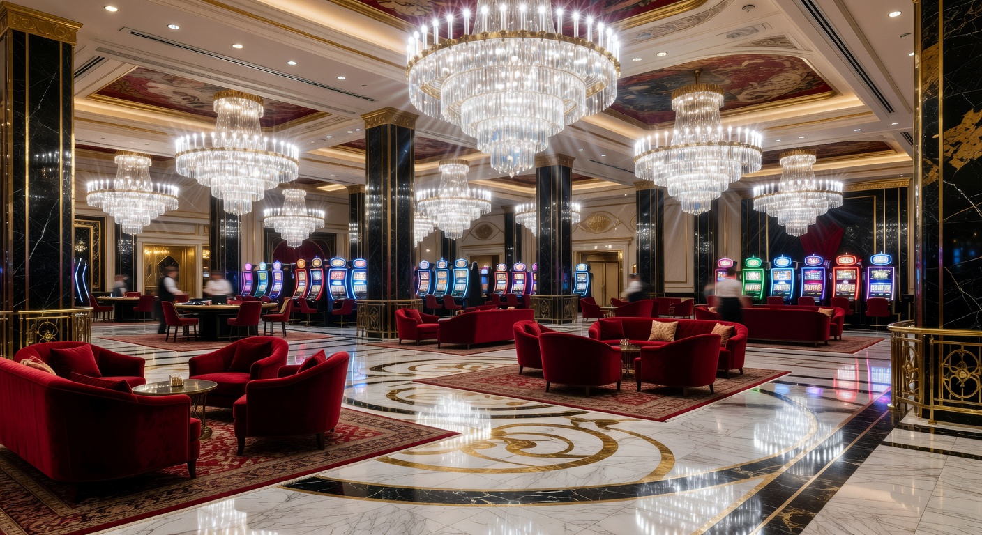 Cinematic luxury casino hotel lobby with bright lights