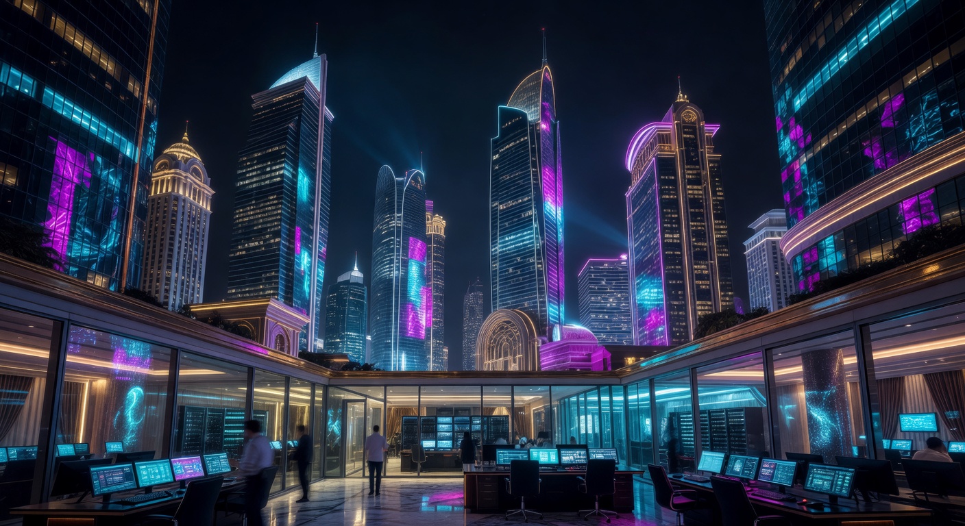 Neon glowing luxury casino hotel skyline at night